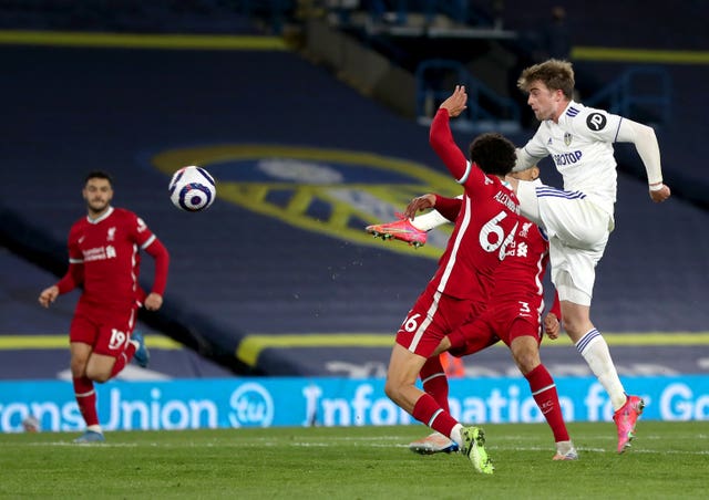 Bamford, right, struck the crossbar with this effort against Liverpool last month