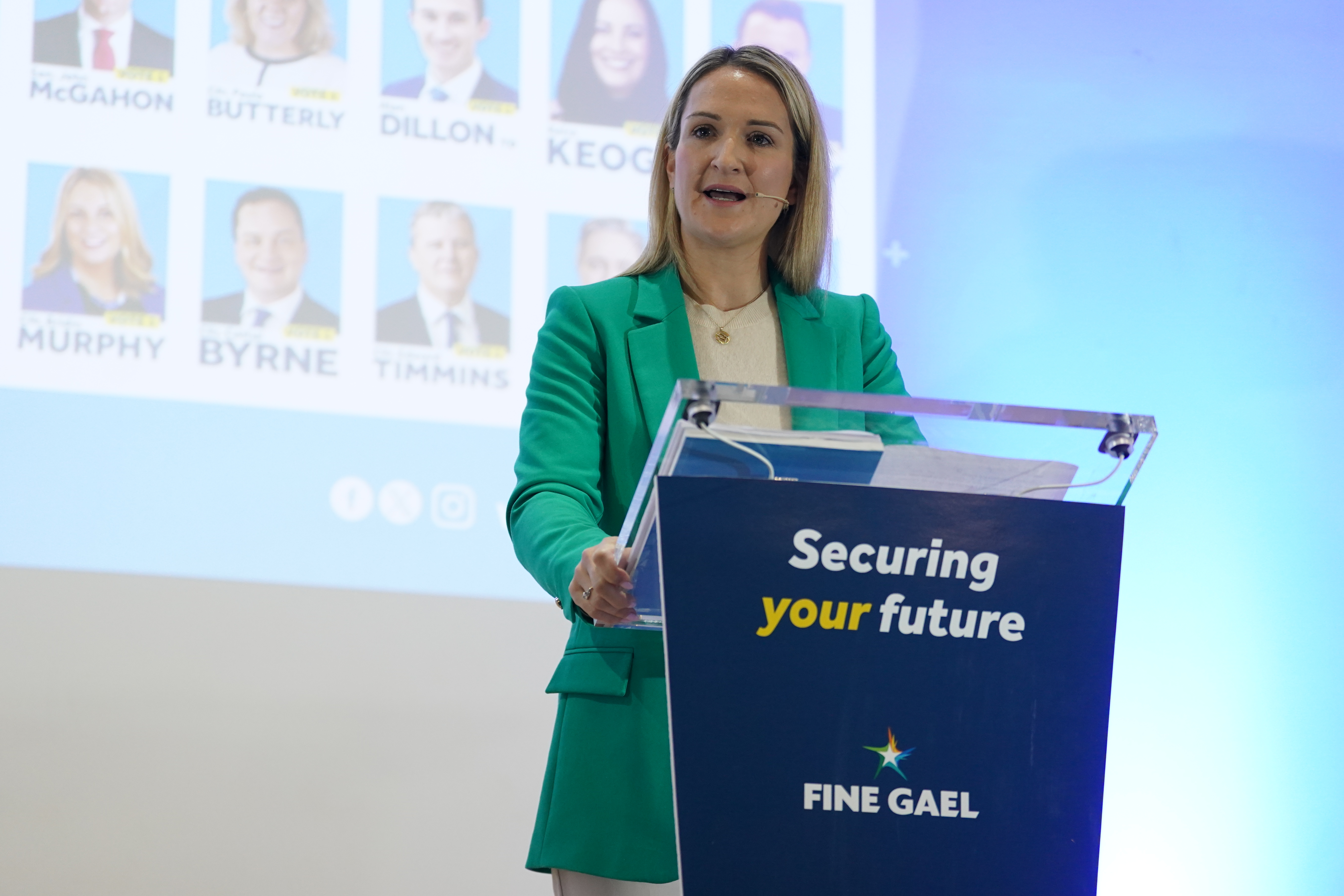 Helen McEntee speaking from a Fine Gael lectern