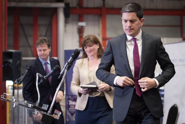 Sir Nick Clegg, Nicky Morgan and Labour ex- foreign secretary David Miliband before speaking at the cross-party intervention Brexit negotiation (Stefan Rousseau/PA)