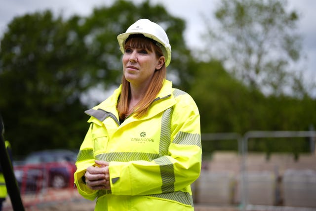 Deputy Prime Minister Angela Rayner wearing a hi-vis jacket and hardhat