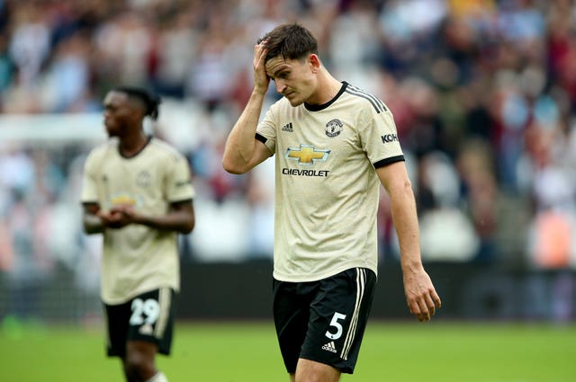 Manchester United slumped to a 2-0 defeat at West Ham on Sunday, leaving Harry Maguire (pictured) to look somewhat dejected