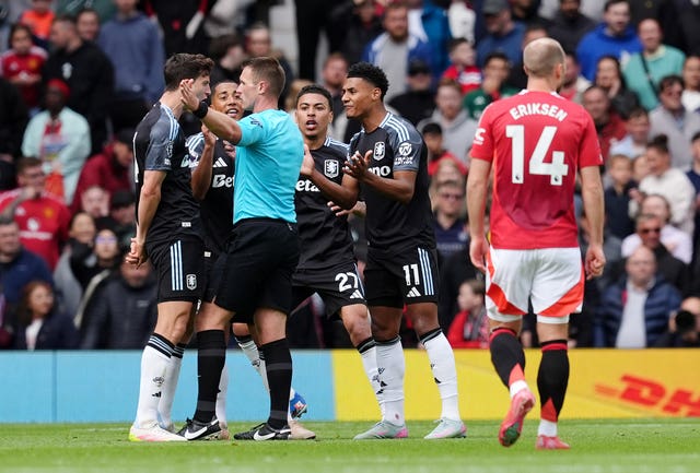 Morgan Rogers, centre right, and his Aston Villa team-mates react after his goal was disallowed