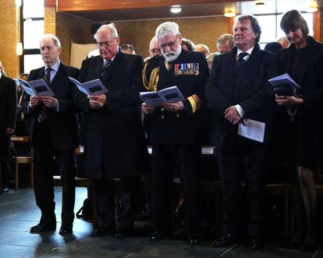 Major General Julian Thompson, Admiral Sir James Perowne, Surgeon Vice Admiral Alasdair Walker and Argentinian ambassador Senator Renato Carlos Sersale di Cerisamo attending Surgeon Captain Rick Jolly’s funeral service at HMS Raleigh in Torpoint, Cornwall (LPhot Ken Gaunt/Royal Navy/MoD/Crown copyright/PA)