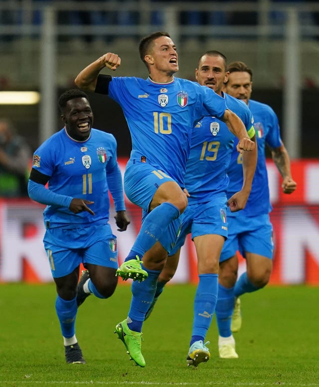 Italy’s Giacomo Raspadori celebrates his winning goal 