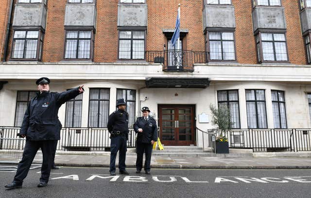Police officers outside King Edward VII’s Hospital in London where the duke was admitted (Dominic Lipinski/PA)