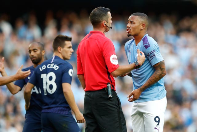 Gabriel Jesus remonstrates with referee Michael Oliver after his goal is disallowed