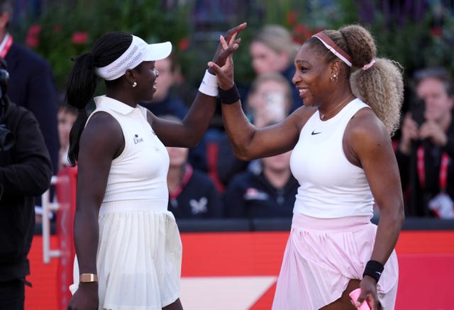 Serena Williams, right, made a winning comeback in partnership with Victoria Mboko, left