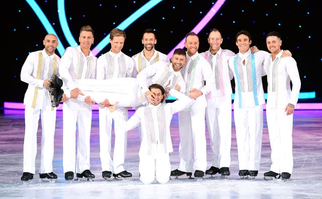 Celebrities and professional skaters (left to right) Alex Beresford, Matt Evers, Mark Hanretty, Sylvain Longchambon, Jake Quickenden (front), Kem Cetinay, Dan Whiston, Lukasz Rozycki, Max Evans, and Ray Quinn during the Dancing On Ice Live UK Tour launch photocall (Ian West/PA)