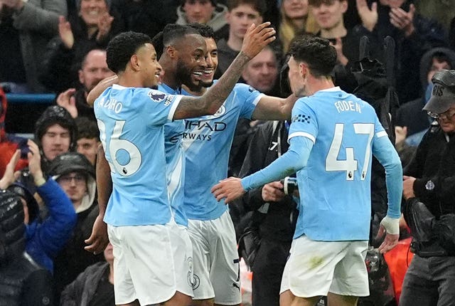 Manchester City’s Antoine Semenyo (second left) celebrates with team-mates