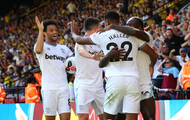 Sebastien Haller celebrates scoring West Ham''s second goal