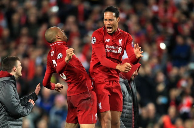 Liverpool players celebrate their famous comeback against Barcelona