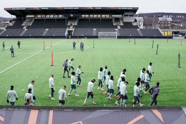 Tottenham players training at the Aspmyra Stadium in Bodo