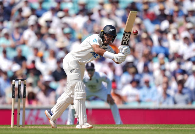 New Zealand’s Rachin Ravindra hits through the leg side