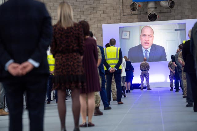 The Duke of Cambridge speaks via video link as he officially opens the NHS Nightingale Hospital Birmingham in the National Exhibition Centre