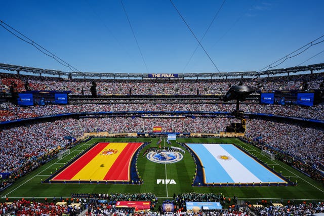 Spain and Argentina flags on the pitch at the New York New Jersey Stadium