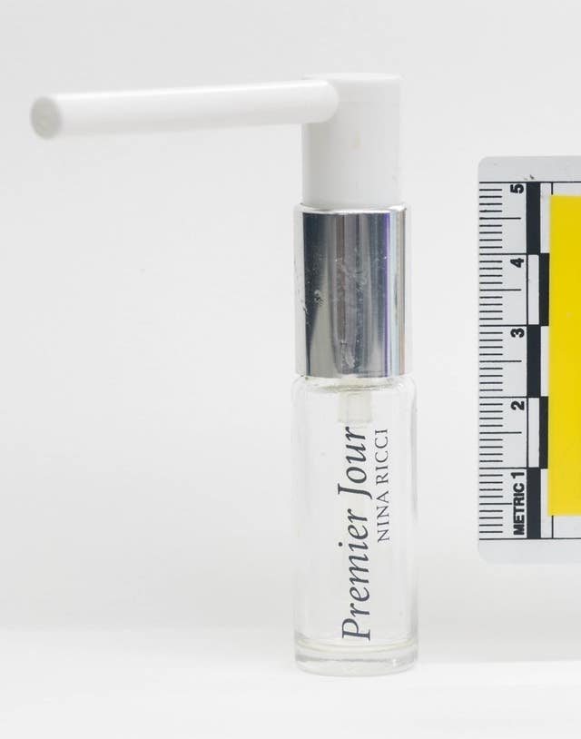 A perfume bottle and applicator recovered by police from Novichok victim Charlie Rowley's address in Amesbury