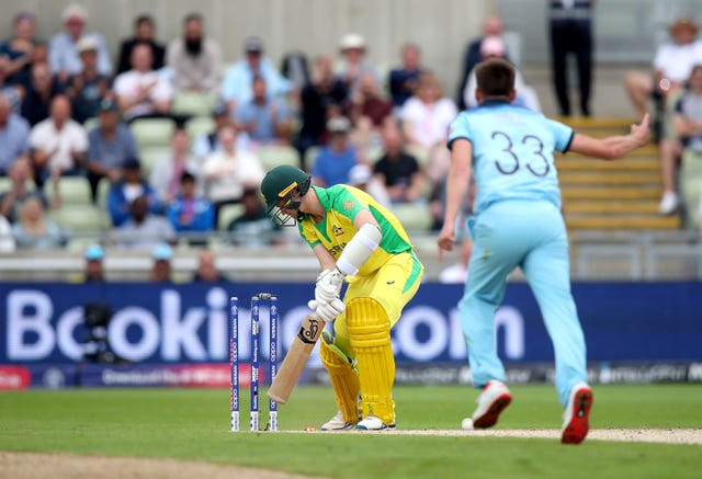 Mark Wood bowls Australia's Jason Behrendorff during last year's World Cup semi-final