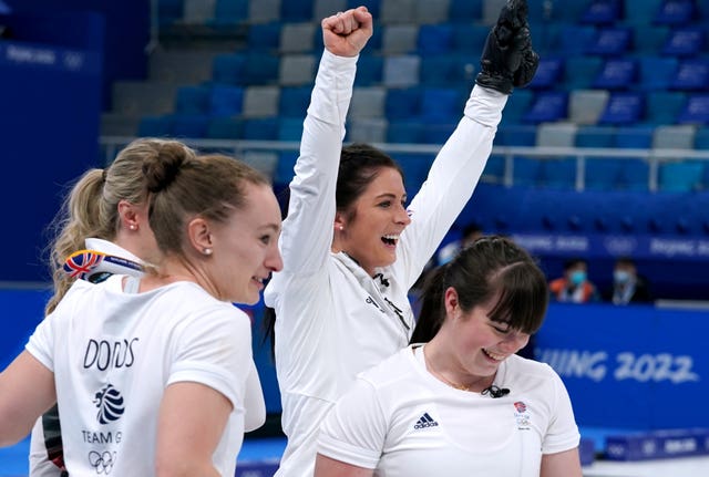 Great Britain’s Eve Muirhead celebrates victory in the women’s curling semi-final
