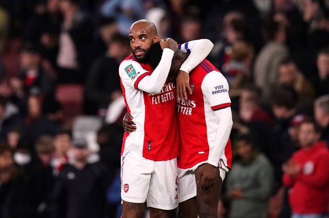 Alexandre Lacazette and Eddie Nketiah (right) have been tasked with scoring the goals for Arsenal.