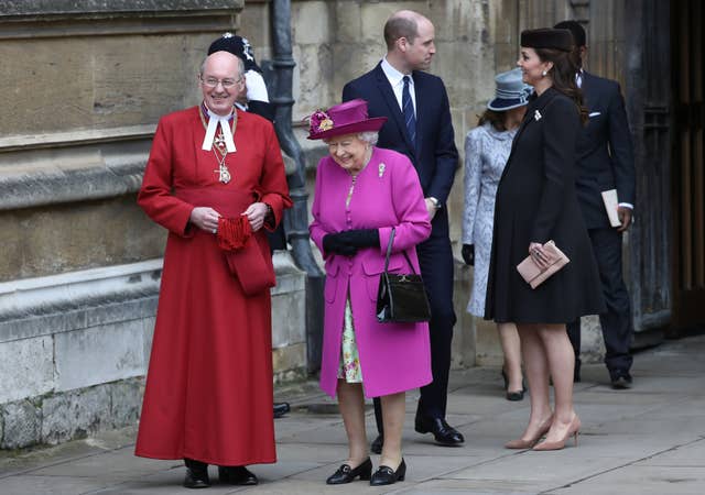 The Duke and Duchess of Cambridge and the Queen leave following the Easter Mattins Service at St George’s Chapel (Simon Dawson/PA)