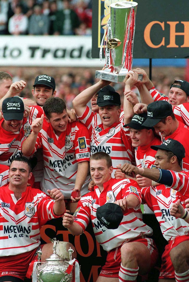 Captain Bobbie Goulding and St Helens lift the Super League Trophy in 1996
