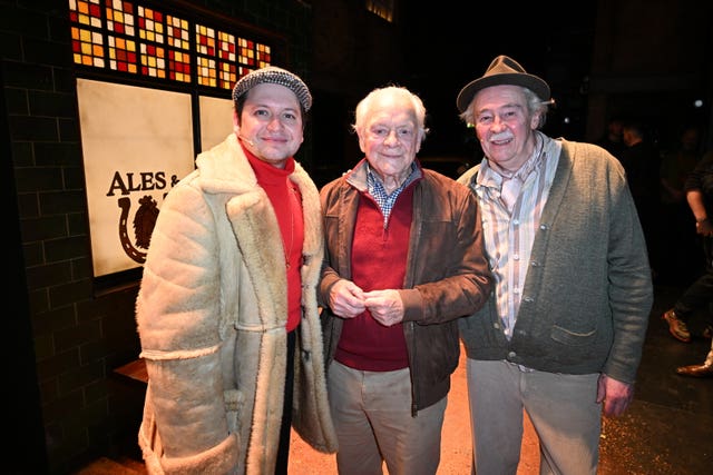 Actor Sir David Jason (centre) who played Del Boy on TV with Sam Lupton (left) who takes the role on stage and comedy star Paul Whitehouse, who plays Grandad