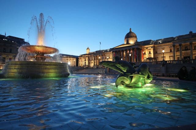 Trafalgar Square in London during the National Day of Reflection, on the anniversary of the first national lockdown to prevent the spread of coronavirus