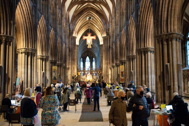 Members of the public at Lichfield Cathedral, Staffordshire, to receive the Oxford/AstraZeneca coronavirus vaccine