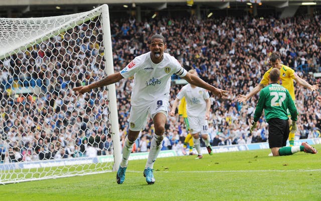 Jermaine Beckford celebrates his winner against Bristol Rovers, which sealed Leeds' promotion