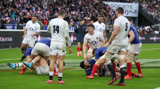 France’s Charles Ollivon dives in to score his side's third try