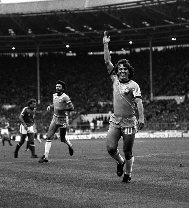 Zico (right) and Socrates, pictured at Wembley, were among the stars of the Brazil side of 1982