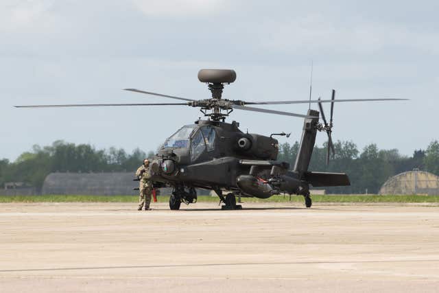 An Apache helicopter in Suffolk as the 3 Regiment Army Air Corps prepare for the royal wedding on May 19 (Aaron Chown/PA)
