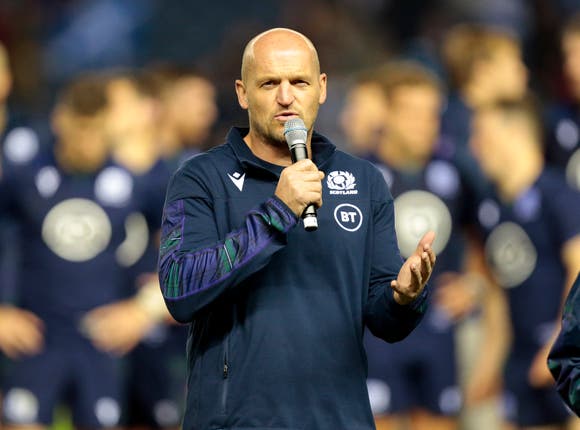 Scotland’s head coach Gregor Townsend speaks to the crowd after the victory