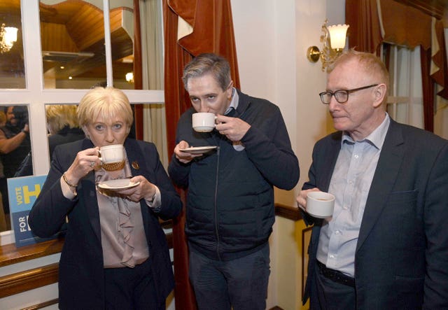 Fine Gael candidate Heather Humphreys with Tanaiste Simon Harris and Frank Feighan TD as she meets people at Dorrians Imperial Hotel, Co Donegal