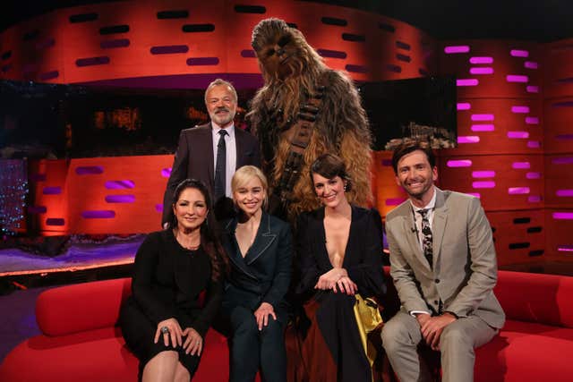 Chewbacca, Graham Norton, Gloria Estefan, Emilia Clarke, Phoebe Waller-Bridge and David Tennant filming the Graham Norton Show (PA Images on behalf of So TV)