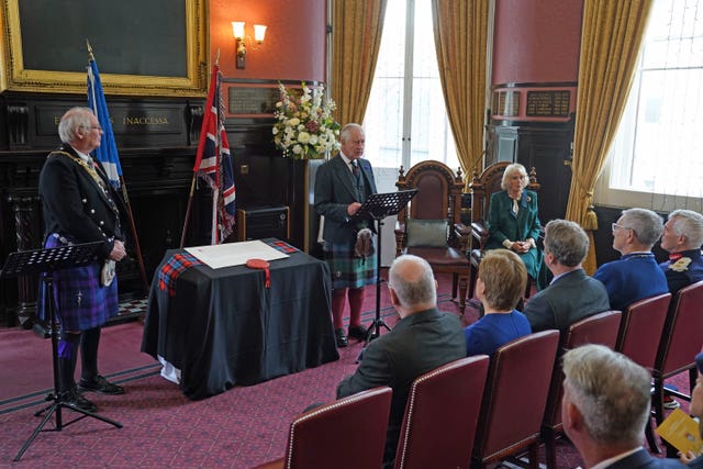 King Charles III and the Queen Consort attend an official council meeting at the City Chambers in Dunfermline, Fife, to formally mark the conferral of city status on the former town, ahead of a visit to Dunfermline Abbey to mark its 950th anniversary