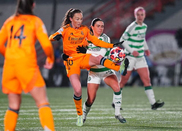 Real Madrid’s Caroline Weir (left) and Celtic’s Shannon McGregor battle for the ball during a UEFA Women’s Champions League match