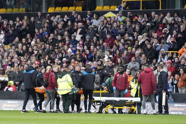 Maanum left the pitch on a stretcher after receiving treatment at Molineux