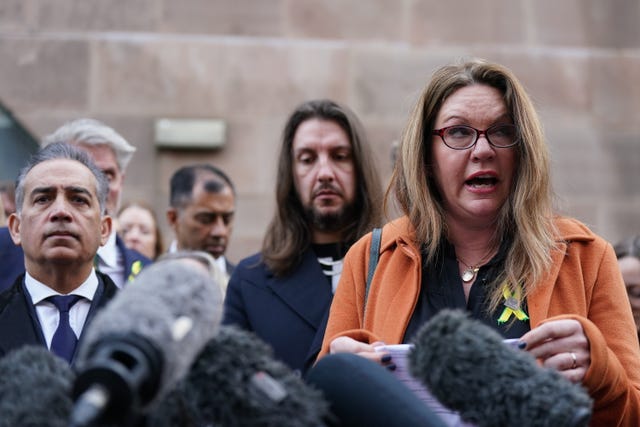 Emma Webber, mother of Barnaby Webber making a statement alongside relatives of the victims, outside Nottingham Crown Court (Jacob King/PA)