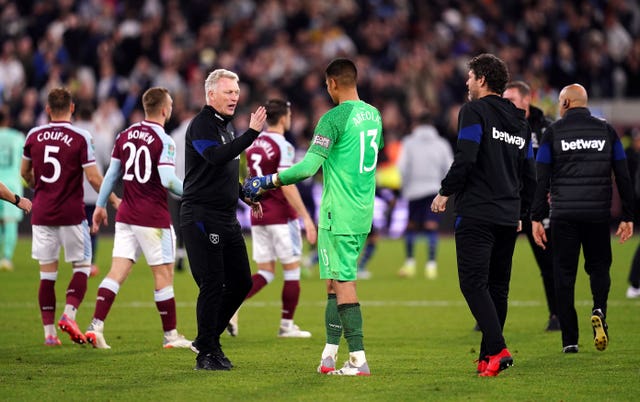 David Moyes and Alphonse Areola celebrate