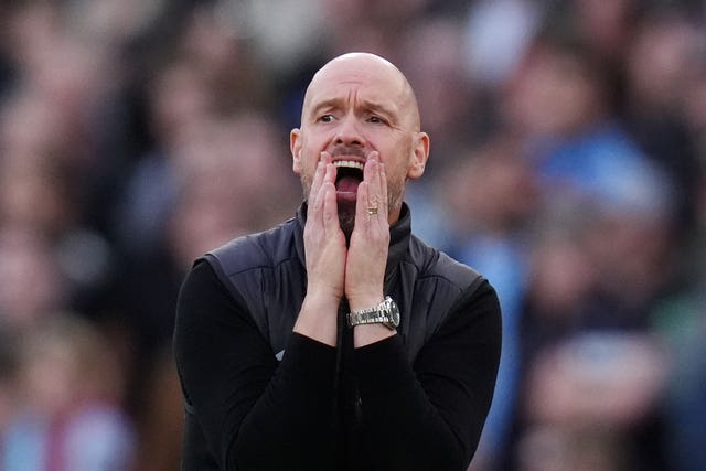 Former Manchester United manager Erik Ten Hag puts his hands to his face during a game
