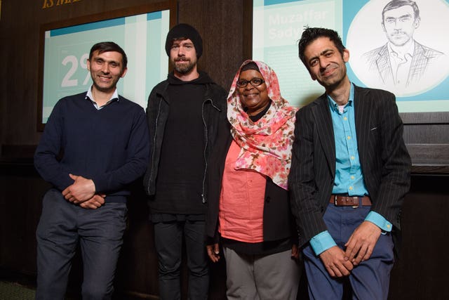 Jack Dorsey, second left, with members of the Entrepreneurial Refugee Network Muzaffar Sadykov, Naglaa Sadik, and Usman Khalidto