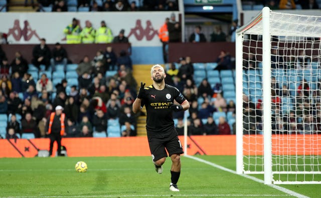 Aguero celebrates scoring the third goal of his hat-trick during Manchester City's 6-1 defeat of Aston Villa 