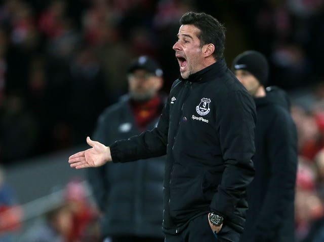 Marco Silva barks orders at his players at Anfield 