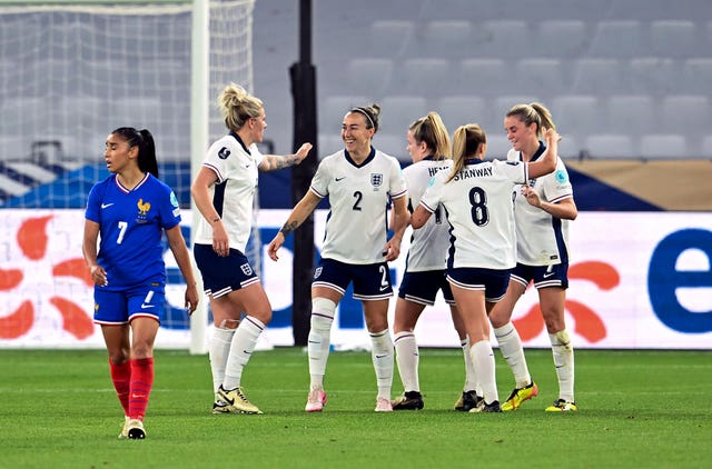 England players celebrate during a Uefa Women’s Euro 2025 qualifying match
