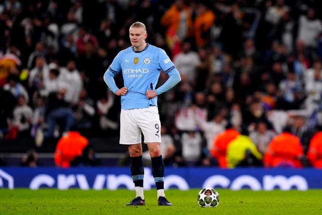 Manchester City’s Erling Haaland looks dejected after his side concede a goal