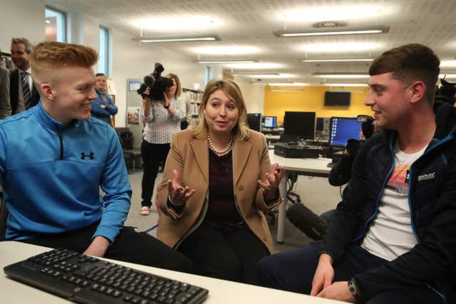 Karen Bradley meeting students at Belfast Metropolitan College in the Titanic Quarter of the city during her first visit as Northern Ireland Secretary (Liam McBurney/PA)