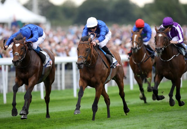 Old Persian (white hat) wins the Great Voltigeur Stakes at York