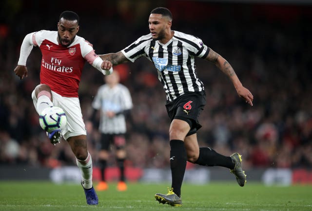 Alexandre Lacazette got behind Jamaal Lascelles to score Arsenal''s second 