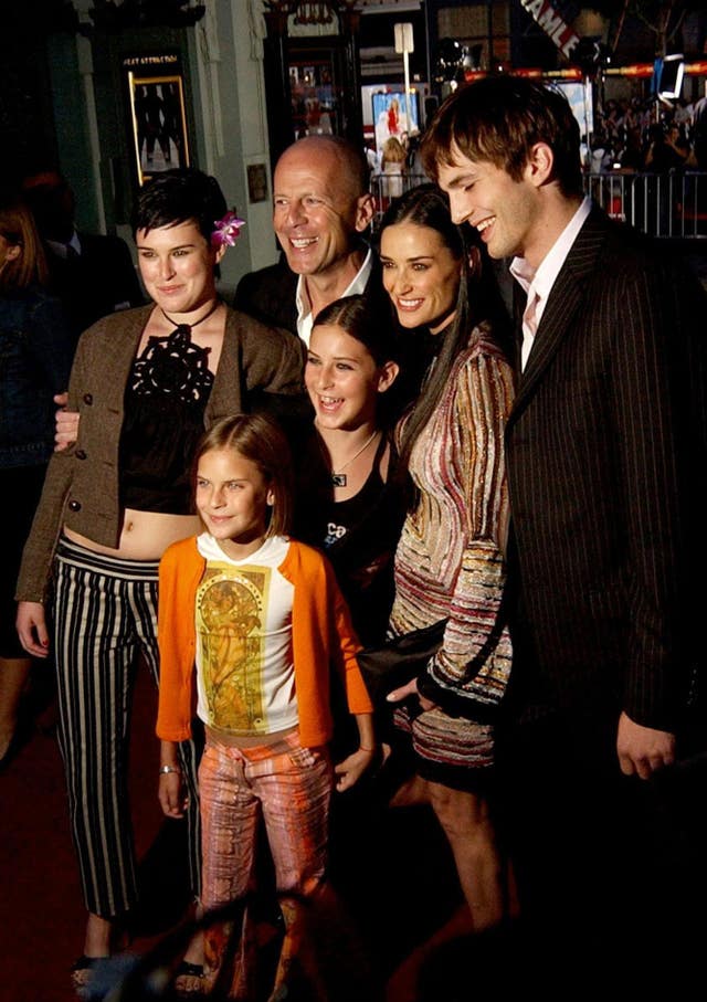 Demi Moore with her ex-husband Bruce Willis, their children Rumer, Scout and Tallulah, and actor Ashton Kutcher
